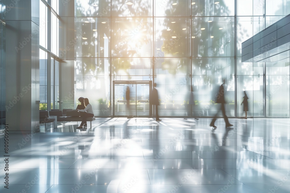 Sunlit business office with panoramic windows and blurred figures in casual wear, exuding an atmosphere of productivity and energy
