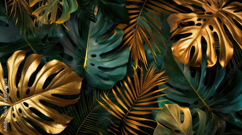 Fototapeta premium monstera and palm leaves fancy wallpaper with dark greens and golden leaves