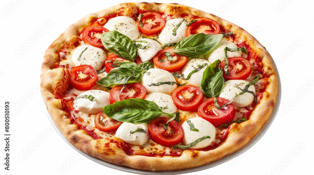 High-resolution top shot of a Caprese pizza, featuring fresh tomatoes and mozzarella, ideal for menu artwork, set against an isolated background High-resolution top shot of a Caprese pizza, featuring fresh tomatoes and mozzarella, ideal for menu artwork, set against an isolated background