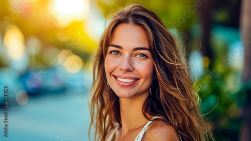 Portrait of a beautiful gorgeous 30-year-old woman is posting on camera, confident and smile street real estate background. © leo_nik