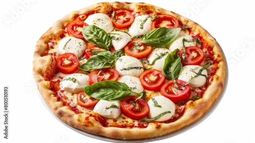 High-resolution top shot of a Caprese pizza, featuring fresh tomatoes and mozzarella, ideal for menu artwork, set against an isolated background