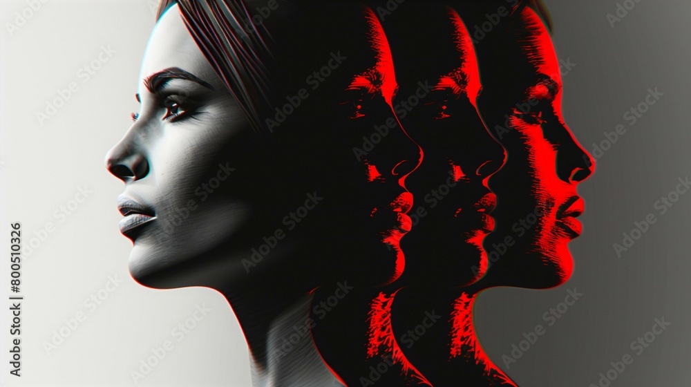 Fototapeta premium A woman's face is shown in profile, with three progressively more transparent copies of her face superimposed on top of the original