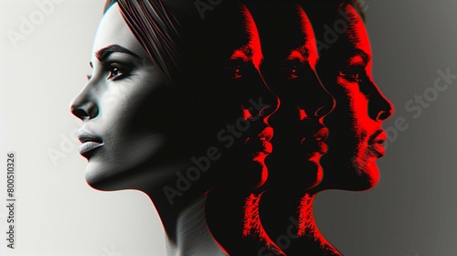  A woman's face is shown in profile, with three progressively more transparent copies of her face superimposed on top of the original