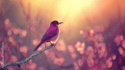   A small bird sits on a branch against a vivid backdrop of pink and yellow flowers in the foreground
