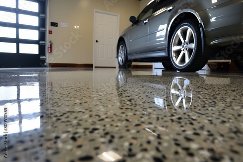 Meticulously crafted epoxy garage floor, offering a detailed and immersive view