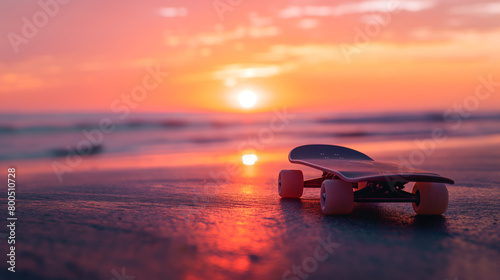 A lone skateboard is captured on the sandy beach with a breathtaking sunset illuminating the background