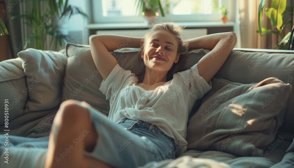 Smiling young woman resting on comfortable sofa with their eyes closed Smiling young woman resting on comfortable sofa with their eyes closed