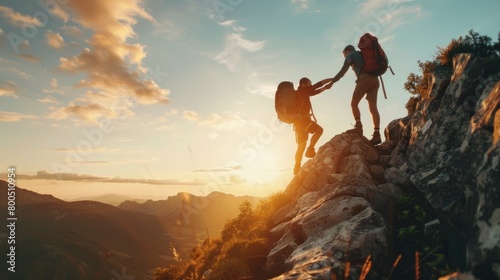 Two people are climbing a mountain together, one of them is wearing a backpack. The sun is setting in the background, creating a warm and peaceful atmosphere
