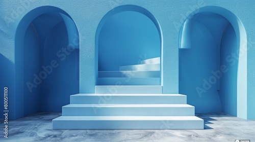 contemporary minimalistic interior design with arch and stairs  blue color  stairs  3d render illustration mockup  generative ai.