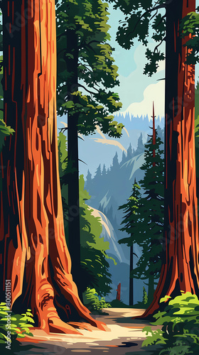 Sequoia redwood forest illustration with dramatic view