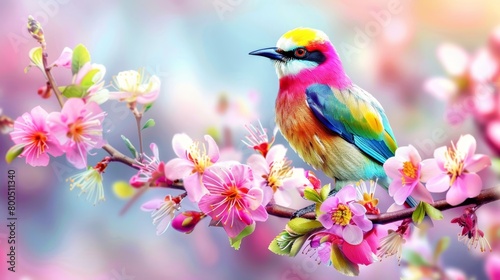  A vibrant bird perches on a tree branch amidst pink and yellow blooms Behind it, a tranquil blue sky unfolds