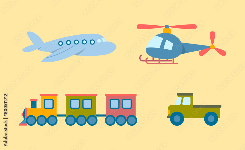 Cartoon Color Different Kids Toy Transport Set Concept Flat Design Style. Vector illustration of Airplane, Car and Train Toys