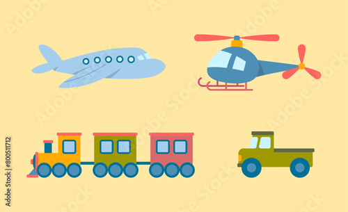 Cartoon Color Different Kids Toy Transport Set Concept Flat Design Style. Vector illustration of Airplane, Car and Train Toys