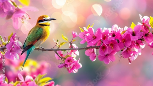  A colorful bird sits on a tree branch with pink flowers before a backdrop of soft light
