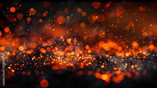 A fiery orange and charcoal abstract landscape, with bokeh lights that dance like embers from a bonfire under the night sky. The scene is warm and inviting.