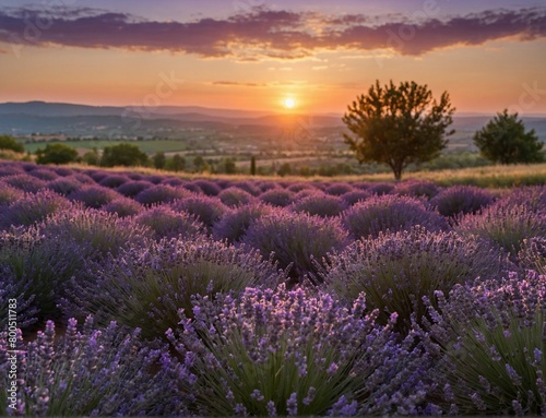lavender bush in a lavender field illuminated by the rays of the sun at sunset