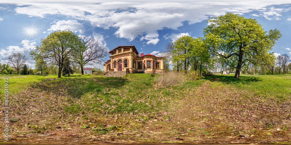 seamless spherical 360 hdri panorama near old abandoned historic palace or homestead in equirectangular projection