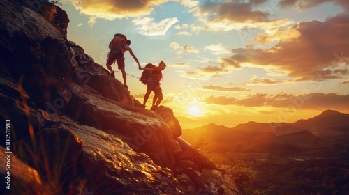 Two people are climbing a mountain together. The sun is setting in the background, creating a warm and peaceful atmosphere © Nico
