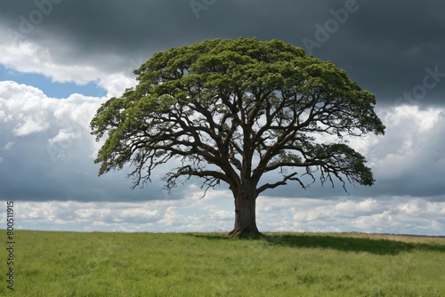 Solitary Tree in Open Field Under Impending Stormy Skies