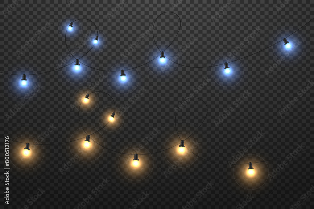 Christmas lights. New Year's decoration of garlands, glowing light bulbs. On a transparent background.