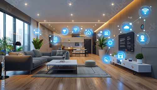  AI powered smart home interior, showcasing various digital holographic projections representing different room types and their networked communication with the main system through data connections