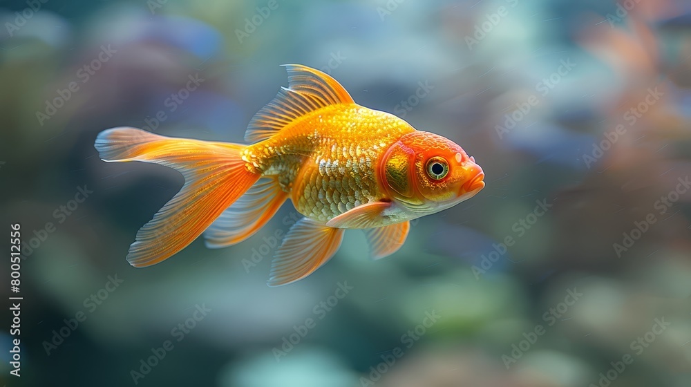 A tight shot of a goldfish swimming in an aquarium, surrounded by other fish and lush plants in the background A tight shot of a goldfish swimming in an aquarium, surrounded by other fish and lush plants in the background