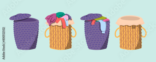 Cartoon Color Wicker Basket with Laundry and Empty Set Concept Flat Design Style. Vector illustration of Messy Pile of Dirty Clothing Items in Baskets