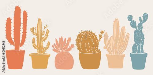 Boho Cactus Hand Drawn Vector Illustration Set Earthy Tones Botanical Art © Levin