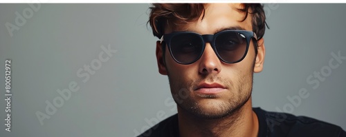 Serious young man with trendy sunglasses looking at camera while standing on gray background in studio.