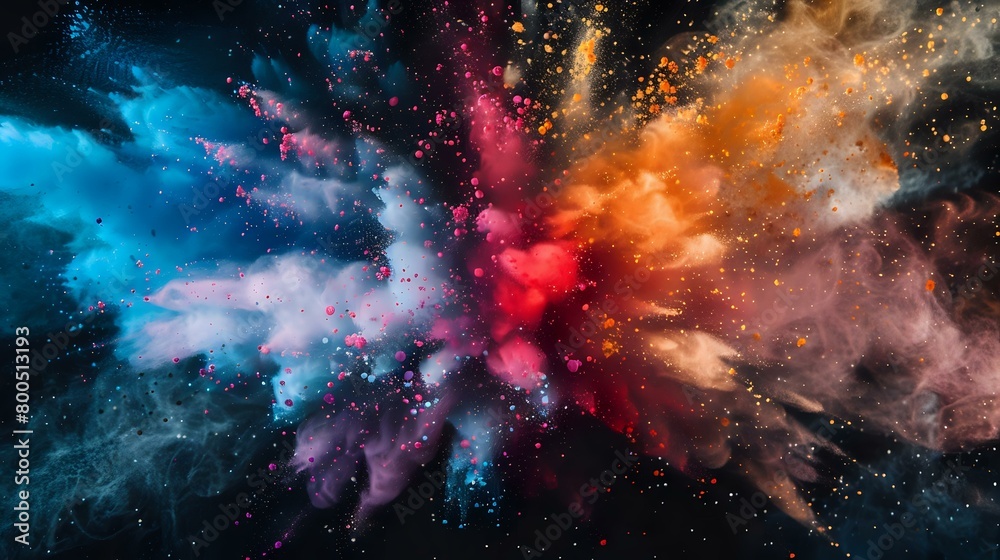 Bright Color Explosion Multicolored Paint Burst on Black Background - Abstract Dust Splash
