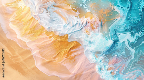 A dreamy fluid art painting, where soft pastel waves meet golden sands, creating a serene beach landscape. Perfect for calming environments.
