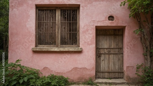 Weathered wooden door stands to right of window with rusted bars on pink stucco wall. Wall cracked, faded, showing its age. Lush green plants grow at base of wall, adding touch of life to scene.