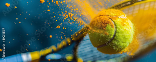 Tennis ball hitting racket with explosive impact. © connel_design