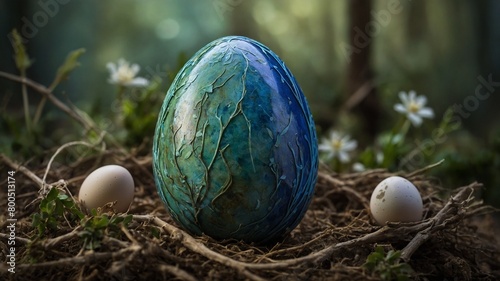 Large, intricately decorated egg rests in nest on forest floor. Egg deep teal color with swirling patterns of brown, green that resemble tree branches, veins. On either side of large egg two smaller.