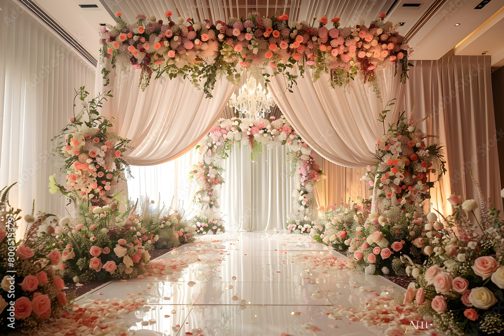 A beautifully decorated indoor wedding ceremony with floral arrangements and elegant table settings.