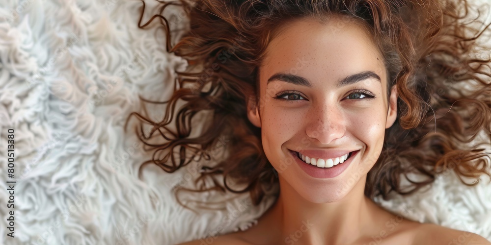Fototapeta premium Joyful woman lying on a fluffy white surface with a bright smile