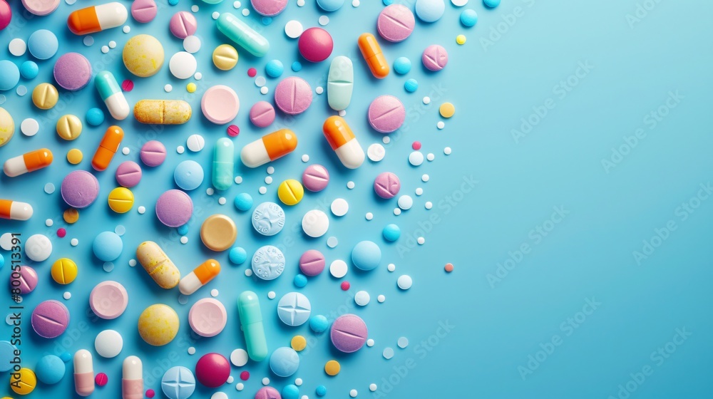a group of pills on a blue background