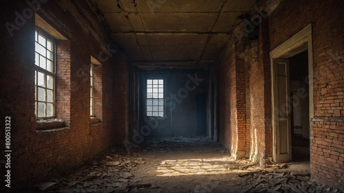 Sunlight streams through dusty  broken windows into long-abandoned hallway. Exposed brick walls line corridor  crumbling plaster reveals their rough texture. Floor covered in debris  fallen plaster.