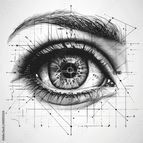 vintage human eye with overlaying diagram lines, illustrating ocular anatomy and geometry sketch engraving generative ai vector illustration. Scratch board imitation. Black and white image. photo