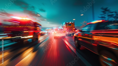 A photo of emergency vehicles driving down a busy road at night.