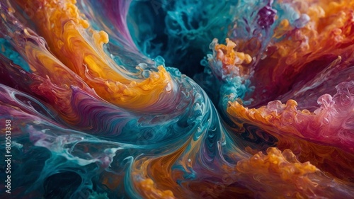 Vivid streams of orange, teal, purple intertwine, swirl, creating mesmerizing vortex of color. Fluid forms blend seamlessly, their edges blurring as they dance, twist in ethereal ballet.