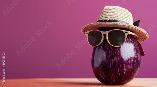Sleek Eggplant with Sunglasses and Trilby Hat, Room for Text Overlay photo