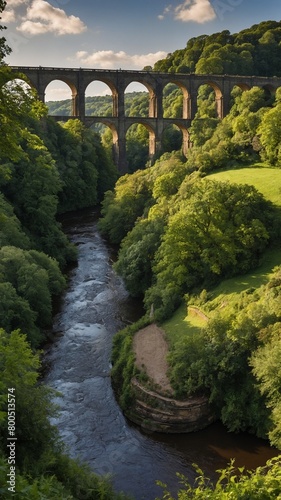 Large, arched stone viaduct spans lush river valley, carrying train across landscape. River winds its way through valley, its banks lined with dense, green trees, foliage. Steep.