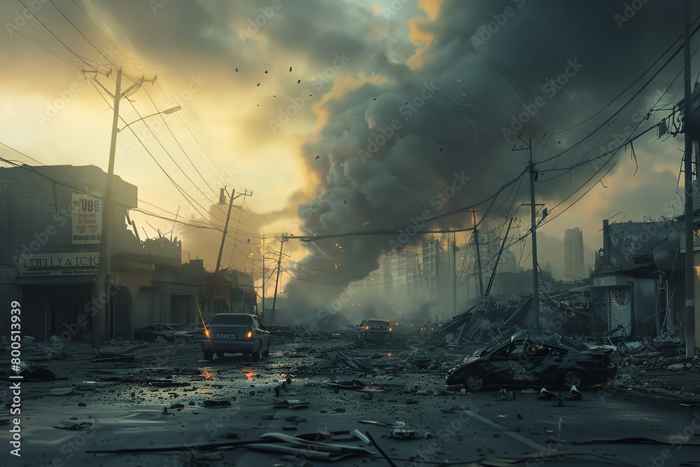 A street scene in a war-torn city. The buildings are damaged and the streets are littered with debris. There are no people visible in the image.