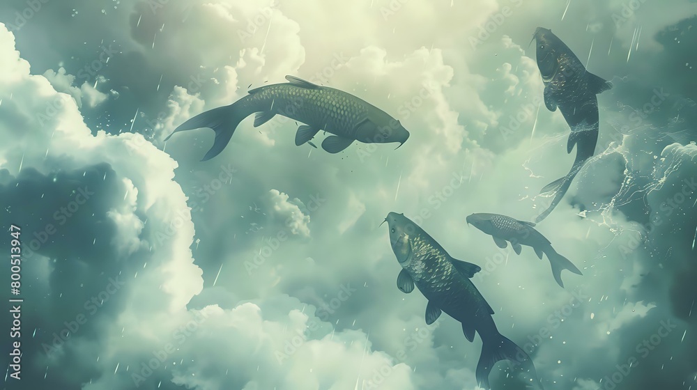 Fototapeta premium fishes falling from clouds instead of water