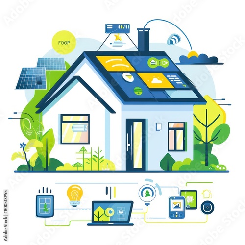 smart sustainable house technical schematic illustration with a simple and clean design in blue and green on white background