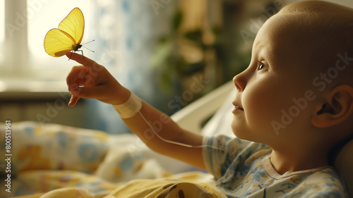Uma criança em um leito de hospital com uma borboleta amarela pousada em seu dedo indicador