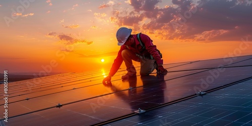 anonymous male worker in protective helmet and uniform working on roof with solar panels against sunset sky