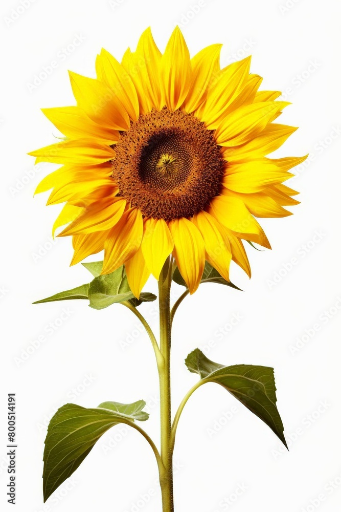 A large yellow sunflower with a green stem and leaves A large yellow sunflower with a green stem and leaves