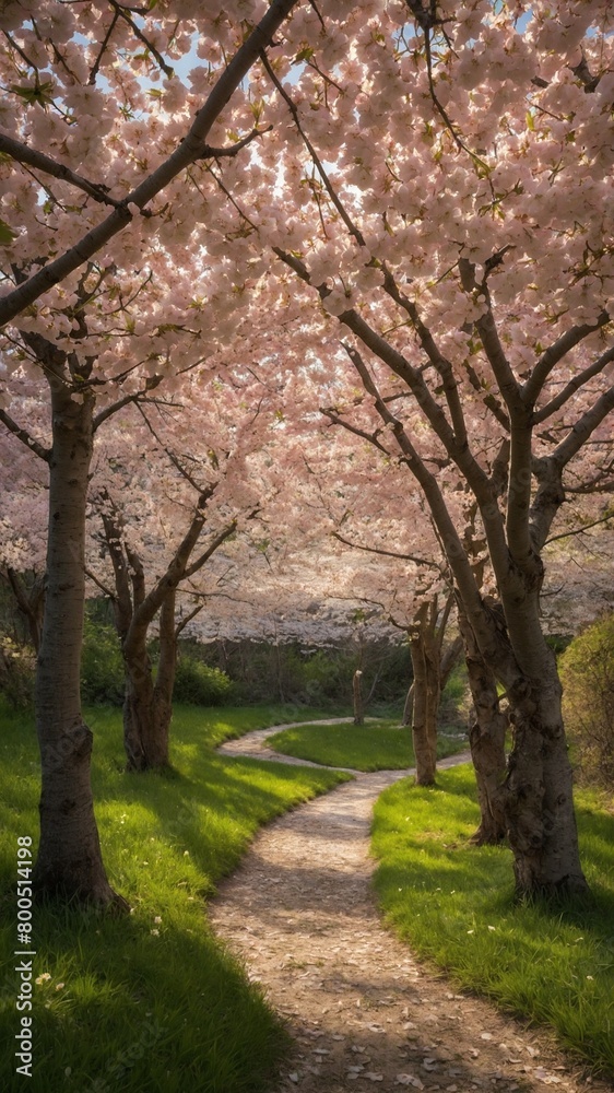 Winding dirt path curves through lush green park, lined with cherry blossom trees in full bloom. Delicate pink flowers create canopy overhead, filtering sunlight, casting soft glow on scene.